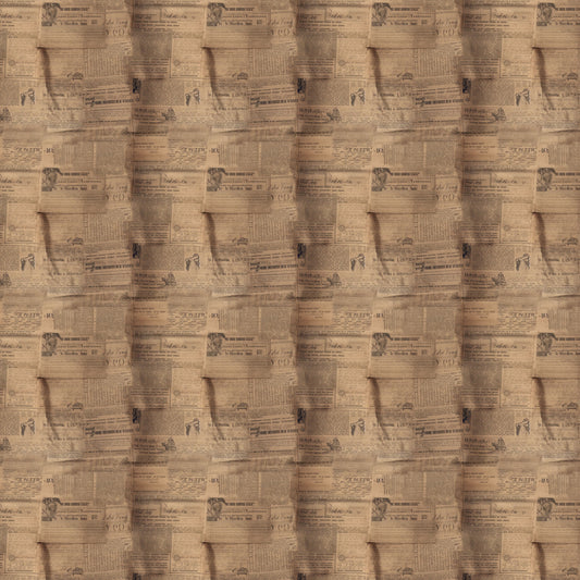 aged newspaper, vintage newsprint, sepia tones, brown hues, tan coloring, beige backdrop, antique papers, text patterns, newspaper clippings, weathered look, distressed finish, quilting cotton, fabric panel, retro style, nostalgic design, collage pattern, overlapping papers, faded print, historical documents, craft fabric