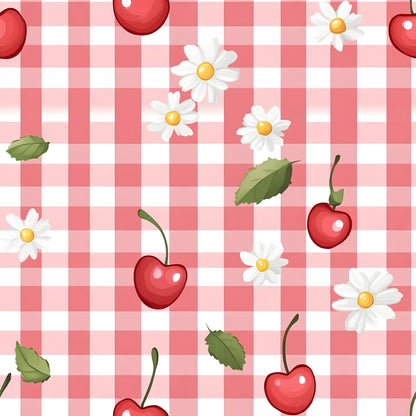 red cherries, white daisies, pink gingham, checkered background, fruit pattern, floral motif, green leaves, yellow centers, quilting cotton, fabric panel, cherry stems, cottage core, spring theme, pastel pink, botanical design, repeating pattern, crafting material, sewing fabric, feminine aesthetic, garden motifs