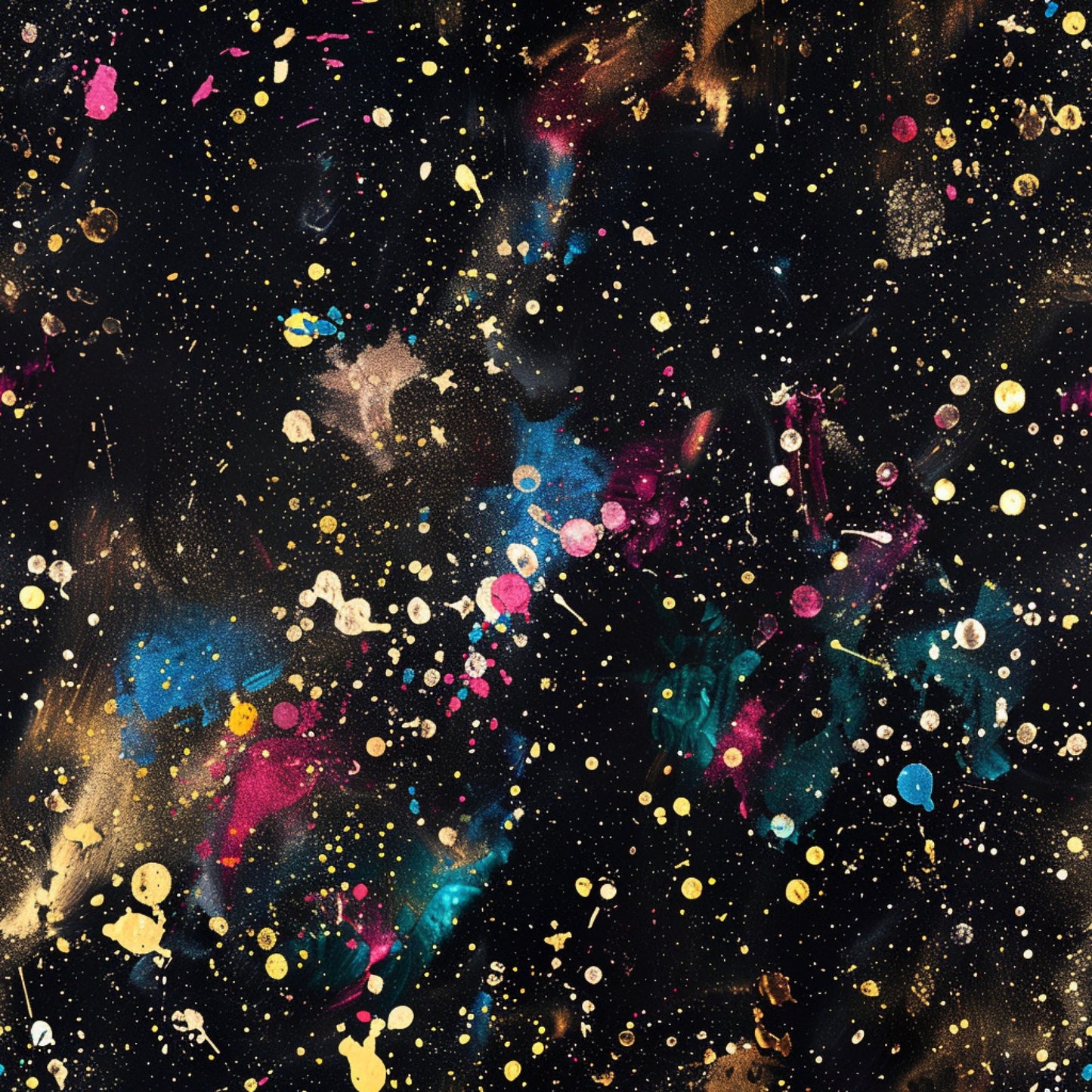 black background, paint splatter, glitter effect, gold dots, pink splatters, blue paint, teal accents, purple splashes, yellow droplets, white speckles, brown paint, abstract pattern, artistic design, cosmic feel, galaxy style, quilting cotton, fabric panel, modern art, painterly texture, colorful chaos