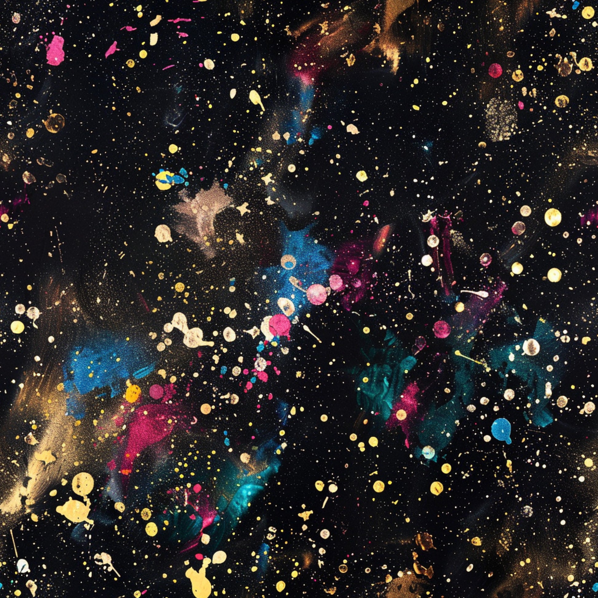black background, paint splatter, glitter effect, gold dots, pink splatters, blue paint, teal accents, purple splashes, yellow droplets, white speckles, brown paint, abstract pattern, artistic design, cosmic feel, galaxy style, quilting cotton, fabric panel, modern art, painterly texture, colorful chaos