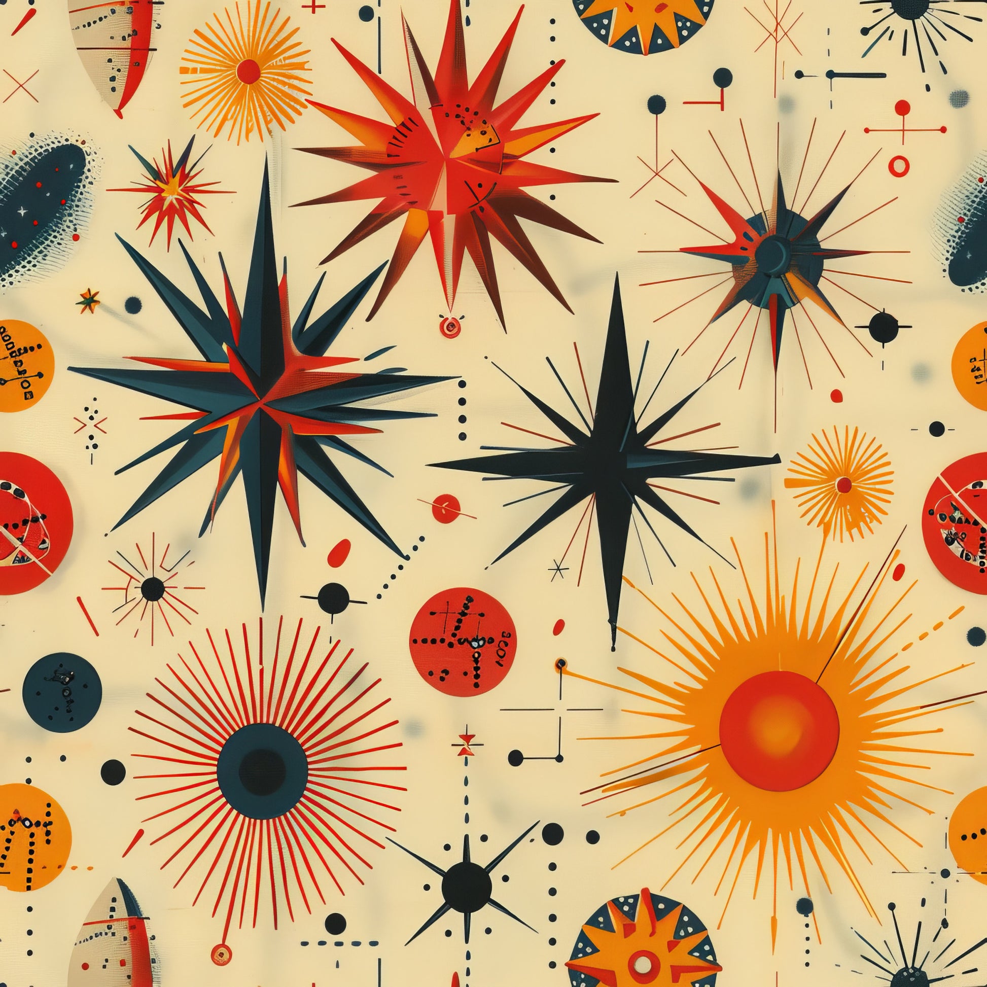 retro starburst, mid-century modern, atomic age, orange, red, navy blue, cream background, geometric shapes, radiating lines, sunburst design, space age, vintage style, quilting cotton, fabric panel, modernist pattern, angular stars, cosmic motifs, 1950s inspired, abstract design, vibrant colors