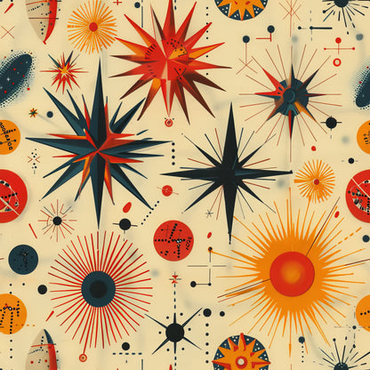 retro starburst, mid-century modern, atomic age, orange, red, navy blue, cream background, geometric shapes, radiating lines, sunburst design, space age, vintage style, quilting cotton, fabric panel, modernist pattern, angular stars, cosmic motifs, 1950s inspired, abstract design, vibrant colors