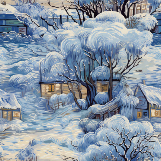 winter scene, snow covered, blue tones, white snow, cream accents, cozy cottages, bare trees, quilting cotton, fabric panel, peaceful landscape, village houses, glowing windows, snowy branches, serene atmosphere, dawn lighting, whimsical illustration, cottage core, winter wonderland, soft pastels, stylized artwork