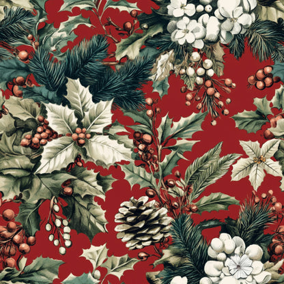 christmas fabric, pinecones, holly leaves, berries, evergreen branches, red background, green foliage, white flowers, botanical pattern, winter florals, quilting cotton, fabric panel, holiday motifs, festive design, natural elements, seasonal fabric, craft material, sewing fabric, christmas quilting