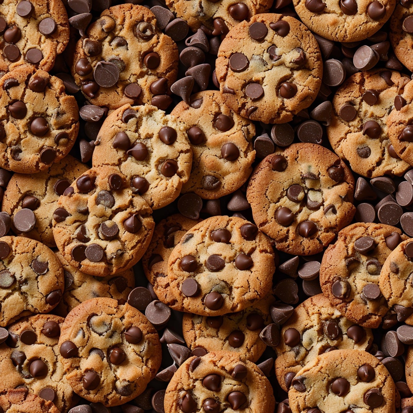 chocolate chip cookies, brown, golden brown, dark chocolate, food pattern, dessert theme, baked goods, realistic photography, sweet treats, junk food, snack foods, kitchen theme, bakery items, indulgent foods, comfort food, quilting cotton, fabric panel, food lovers, culinary design, cookie design