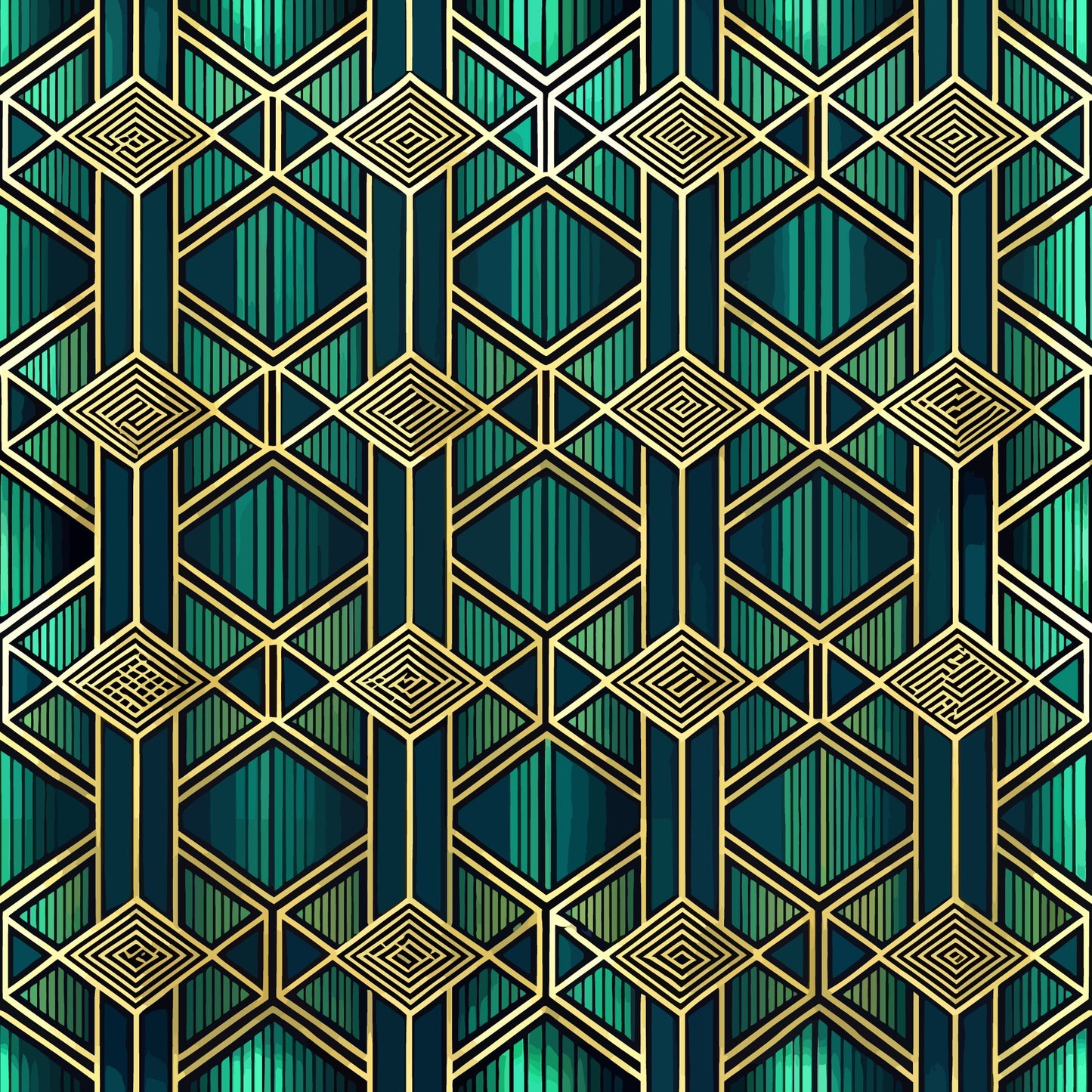 emerald green, teal, gold, navy blue, geometric pattern, art deco, hexagons, diamonds, stripes, chevrons, luxurious, sophisticated, quilting cotton, fabric panel, metallic accents, symmetrical design, vintage style, repeating motifs, angular shapes, jewel tones