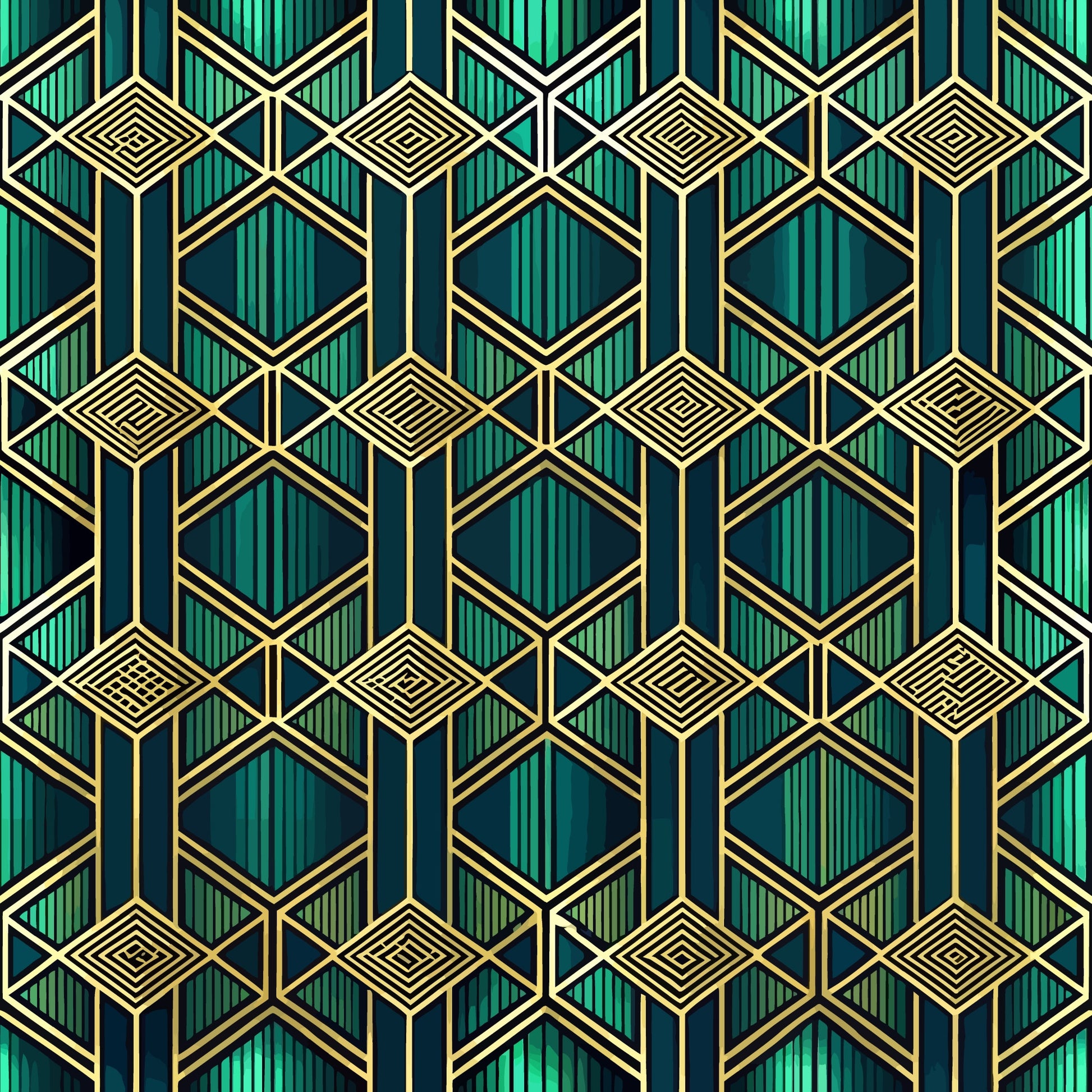 emerald green, teal, gold, navy blue, geometric pattern, art deco, hexagons, diamonds, stripes, chevrons, luxurious, sophisticated, quilting cotton, fabric panel, metallic accents, symmetrical design, vintage style, repeating motifs, angular shapes, jewel tones