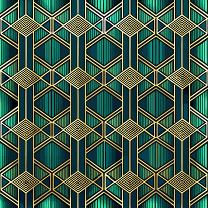 emerald green, teal, gold, navy blue, geometric pattern, art deco, hexagons, diamonds, stripes, chevrons, luxurious, sophisticated, quilting cotton, fabric panel, metallic accents, symmetrical design, vintage style, repeating motifs, angular shapes, jewel tones
