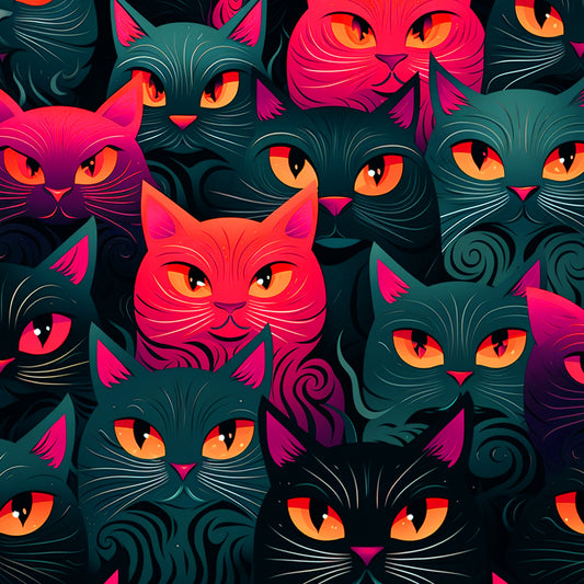 cats, feline faces, orange eyes, pink noses, teal green, hot pink, magenta, coral, swirled fur, suspicious expression, quilting cotton, fabric panel, stylized illustration, whimsical art, seamless pattern, pet themed, animal motif, modern design, vibrant colors, decorative swirls