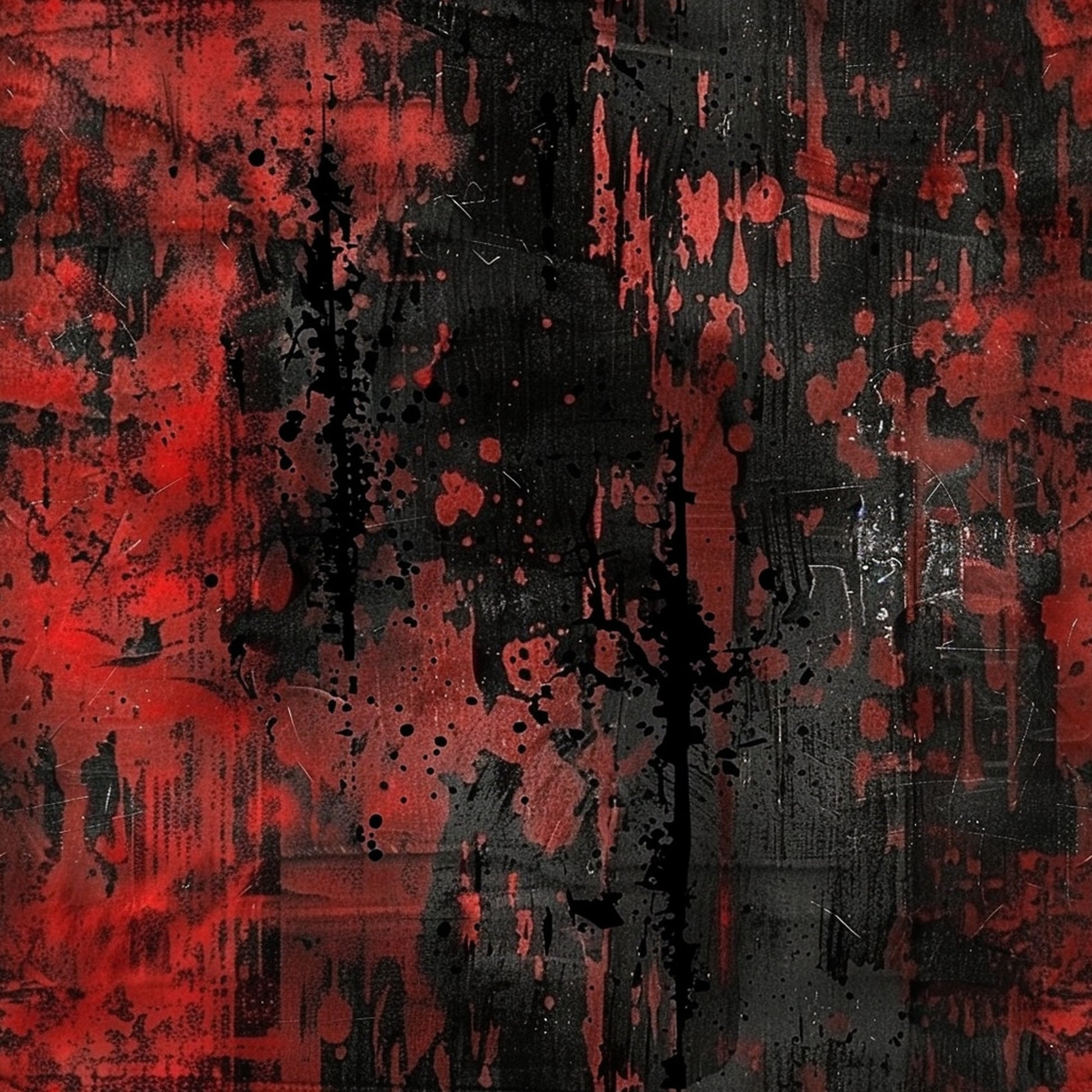 red, black, grunge, abstract, splatter, distressed, textured, weathered, paint drips, speckled, cotton fabric, quilting panel, dark mood, urban style, artistic design, brush strokes, layered effects, contemporary pattern, edgy aesthetic, mixed media look