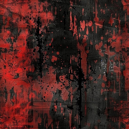 red, black, grunge, abstract, splatter, distressed, textured, weathered, paint drips, speckled, cotton fabric, quilting panel, dark mood, urban style, artistic design, brush strokes, layered effects, contemporary pattern, edgy aesthetic, mixed media look