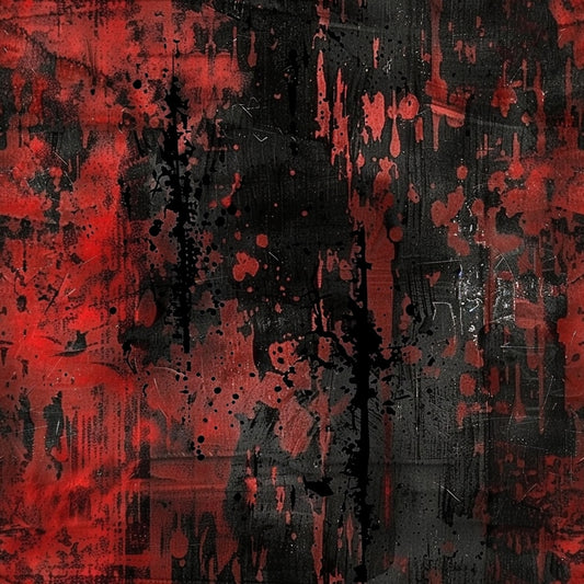 red, black, grunge, abstract, splatter, distressed, textured, weathered, paint drips, speckled, cotton fabric, quilting panel, dark mood, urban style, artistic design, brush strokes, layered effects, contemporary pattern, edgy aesthetic, mixed media look