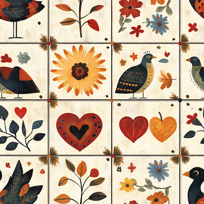 quilting cotton, fabric panel, autumn colors, rust orange, navy blue, cream background, folk art style, botanical motifs, bird illustrations, heart shapes, floral designs, sunflower, leaves, branches, nature themed, warm earth tones, patchwork squares, craft fabric, thanksgiving theme, harvest motifs
