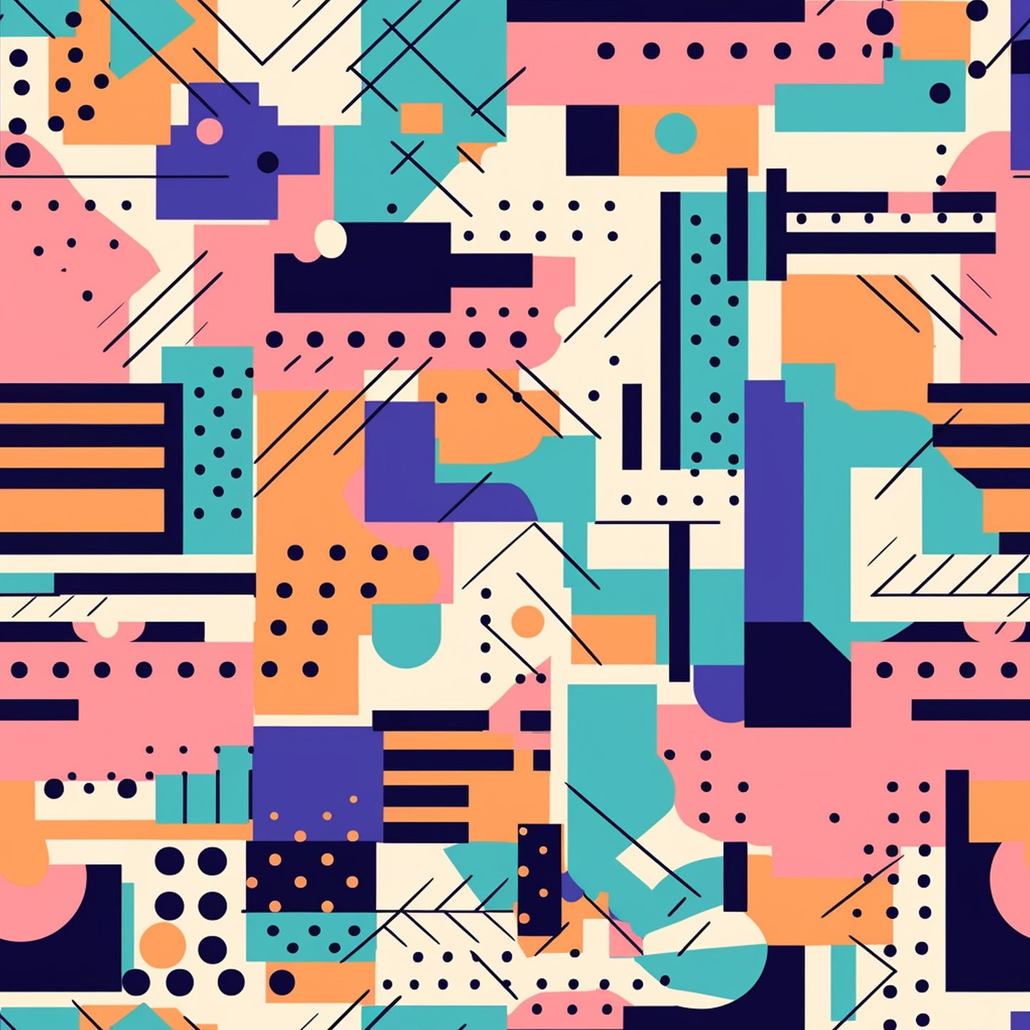 teal, coral pink, navy blue, orange, cream, geometric shapes, abstract pattern, retro style, modern design, dots, lines, rectangles, circles, overlapping forms, contemporary art, vibrant colors, quilting cotton, fabric panel, boho style, groovy aesthetic