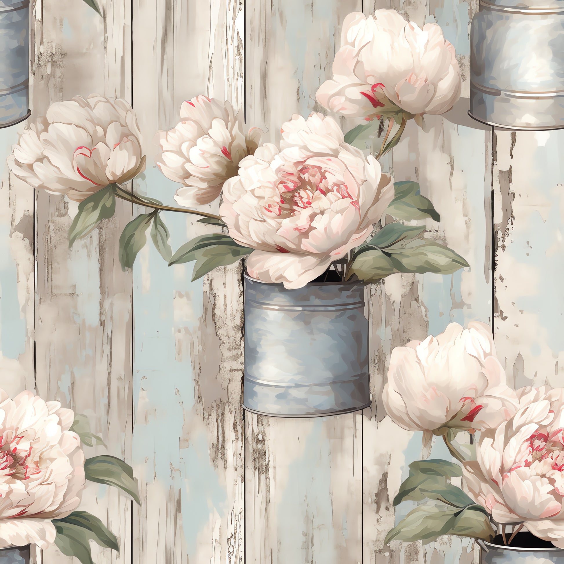 pale pink, cream white, sage green, weathered wood, peonies, floral blooms, galvanized buckets, metal containers, rustic planks, farmhouse style, vintage aesthetic, botanical illustration, quilting cotton, fabric panel, shabby chic, cottage core, soft pastels, distressed wood, country charm, romantic florals