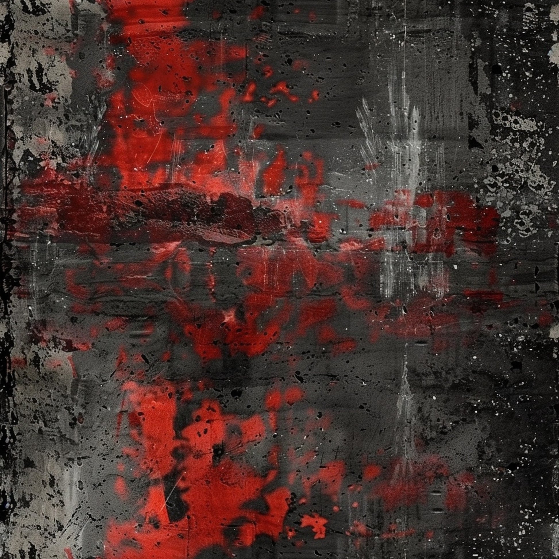 red, black, gray, grunge, distressed, abstract, textured, splatters, worn, weathered, urban, industrial, paint splashes, rough, gritty, quilting cotton, fabric panel, dark, moody, artistic