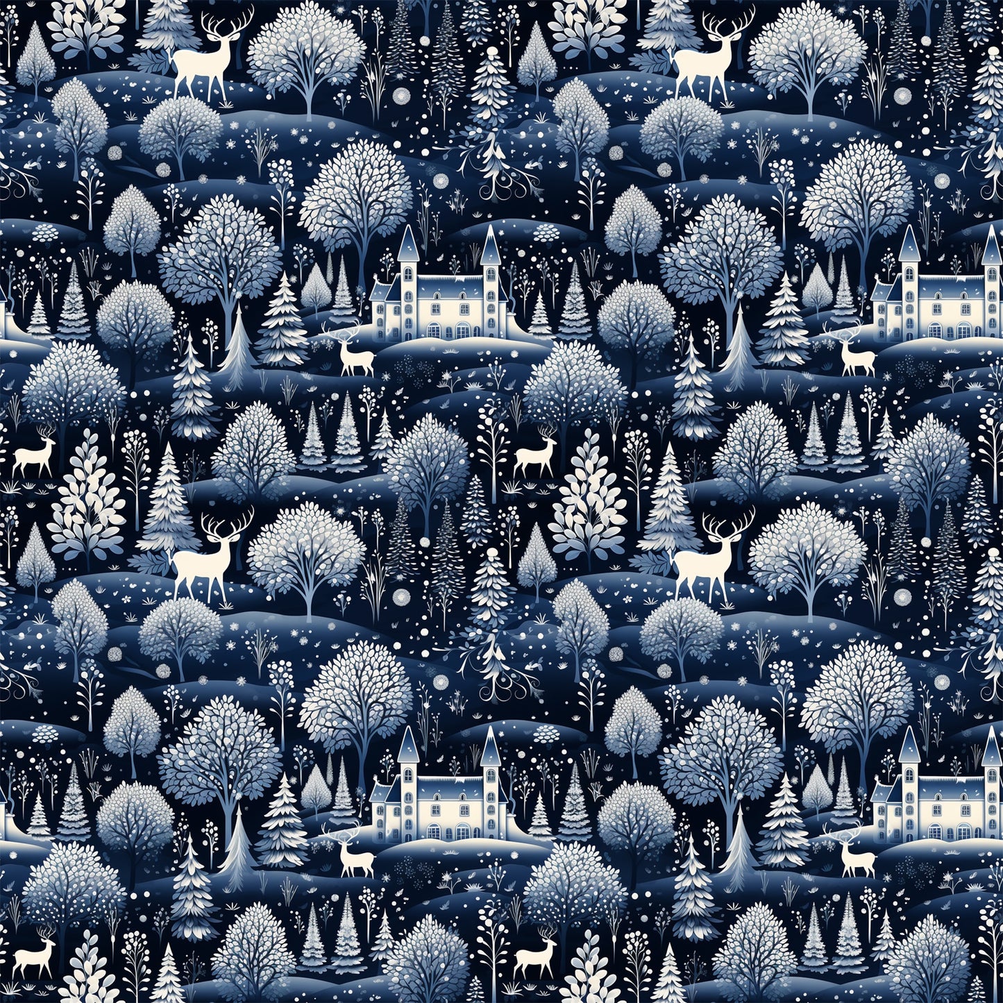 delft blue, navy blue, white, cream, winter scene, snow falling, deer, stags, castle, manor house, trees, evergreen trees, forest, woodland, scenic landscape, quilting cotton, fabric panel, repeating pattern, winter wonderland, snowflakes