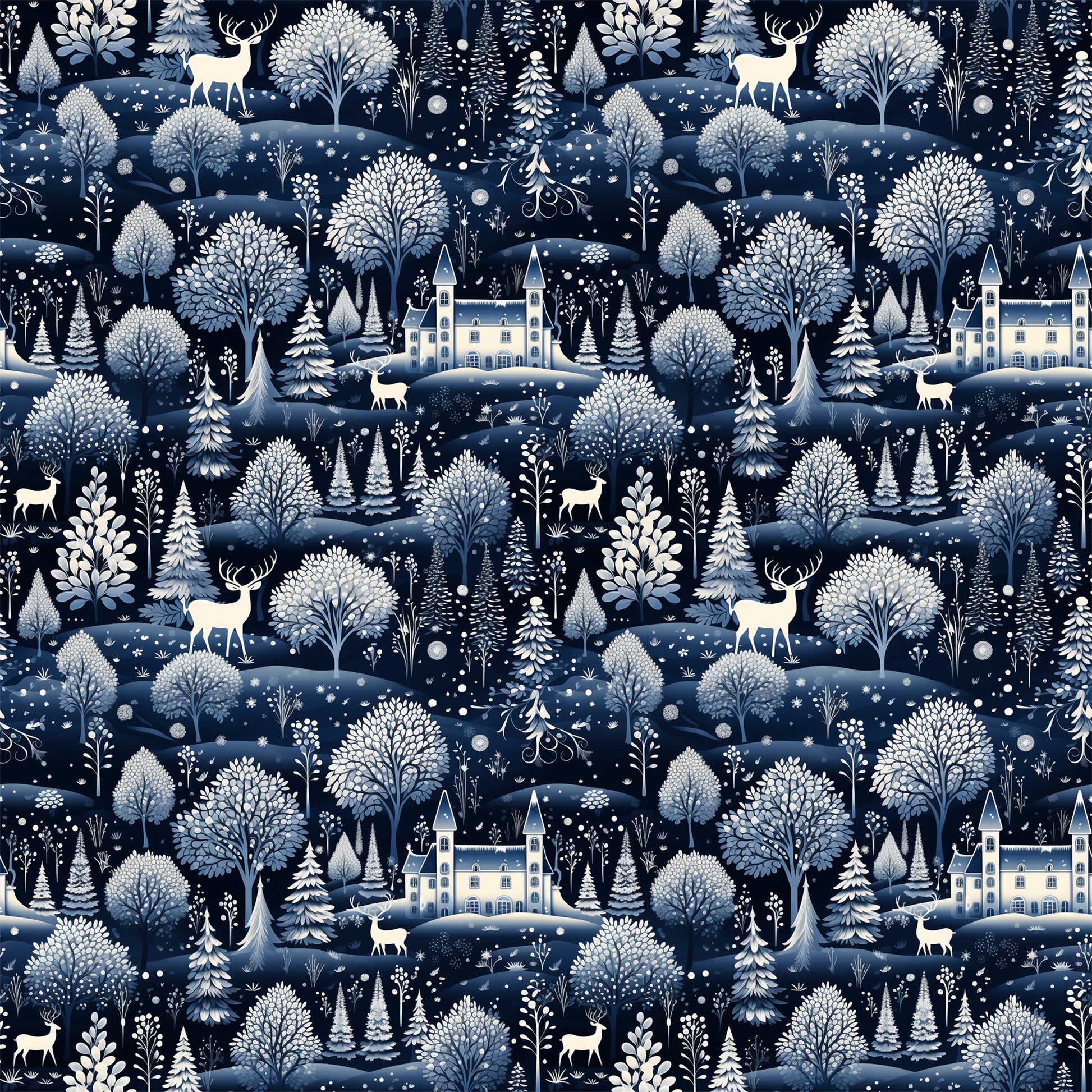 delft blue, navy blue, white, cream, winter scene, snow falling, deer, stags, castle, manor house, trees, evergreen trees, forest, woodland, scenic landscape, quilting cotton, fabric panel, repeating pattern, winter wonderland, snowflakes