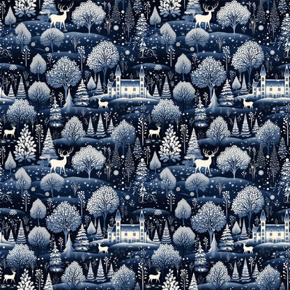 delft blue, navy blue, white, cream, winter scene, snow falling, deer, stags, castle, manor house, trees, evergreen trees, forest, woodland, scenic landscape, quilting cotton, fabric panel, repeating pattern, winter wonderland, snowflakes