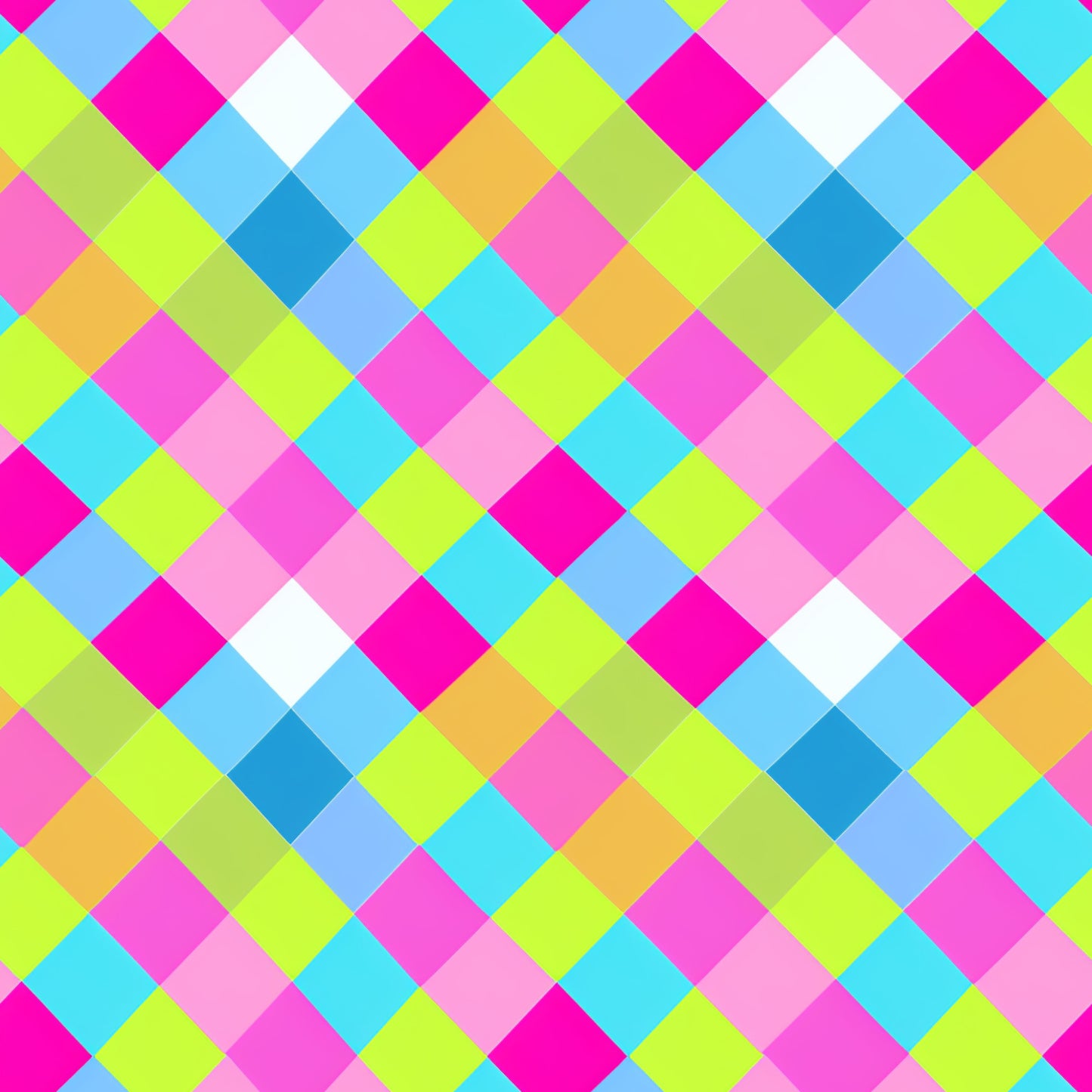neon colors, bright pink, lime green, cyan blue, orange, white, gingham pattern, checkered design, diagonal squares, geometric pattern, vibrant colors, quilting cotton, fabric panel, modern style, contemporary design, eye-catching, colorful blocks, woven appearance, craft fabric, sewing material