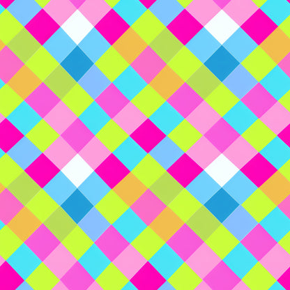 neon colors, bright pink, lime green, cyan blue, orange, white, gingham pattern, checkered design, diagonal squares, geometric pattern, vibrant colors, quilting cotton, fabric panel, modern style, contemporary design, eye-catching, colorful blocks, woven appearance, craft fabric, sewing material