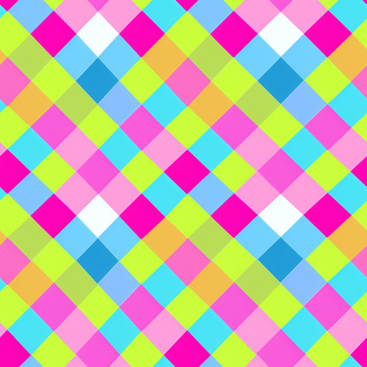 neon colors, bright pink, lime green, cyan blue, orange, white, gingham pattern, checkered design, diagonal squares, geometric pattern, vibrant colors, quilting cotton, fabric panel, modern style, contemporary design, eye-catching, colorful blocks, woven appearance, craft fabric, sewing material