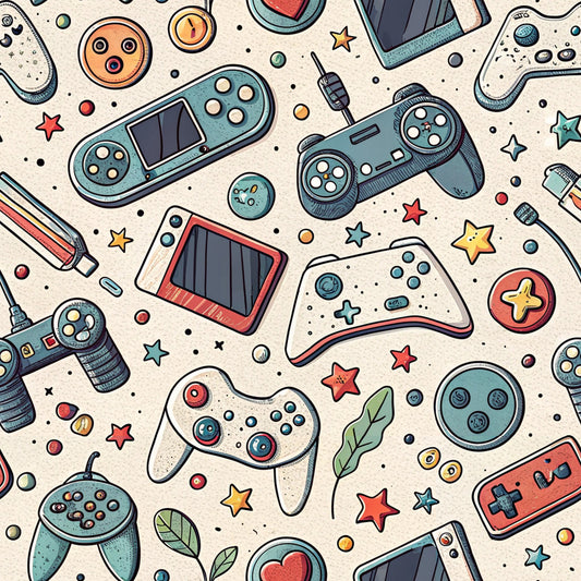 gaming controllers, video game controllers, handheld consoles, retro gaming, teal, coral, beige, cream, orange, stars, geometric shapes, scattered pattern, vintage style, nostalgic gaming, controller buttons, gaming accessories, quilting cotton, fabric panel, playful design, tech themed, gaming motif