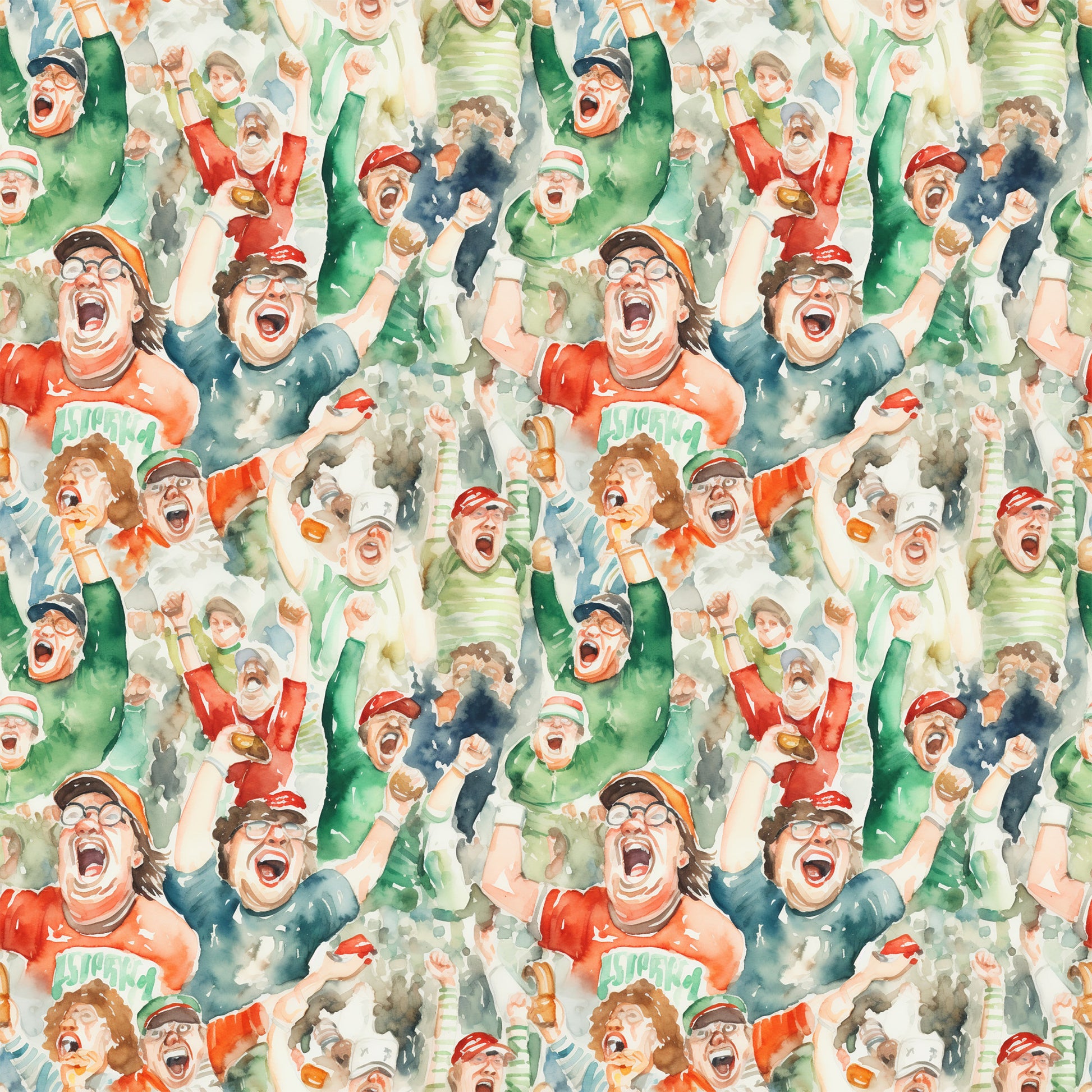 watercolor style, football fans, cheering crowd, sports pattern, red, green, blue, orange, excited expressions, celebrating people, stadium atmosphere, team spirit, quilting cotton, fabric panel, energetic mood, sports theme, crowd scene, vibrant colors, watercolor painting, football celebration