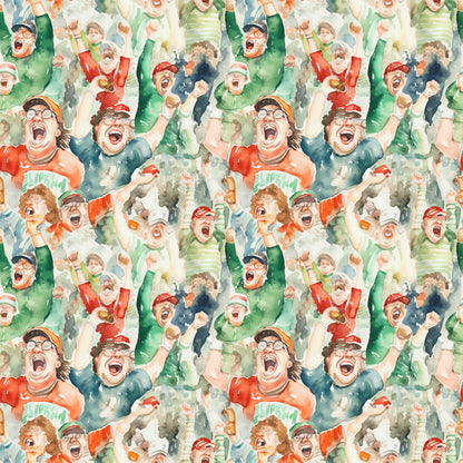 watercolor style, football fans, cheering crowd, sports pattern, red, green, blue, orange, excited expressions, celebrating people, stadium atmosphere, team spirit, quilting cotton, fabric panel, energetic mood, sports theme, crowd scene, vibrant colors, watercolor painting, football celebration