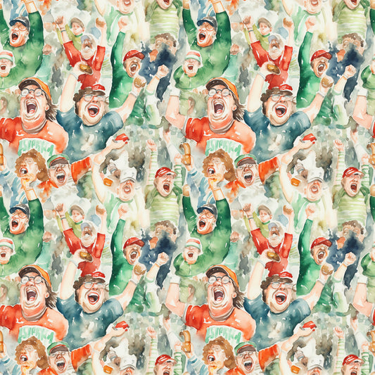 watercolor style, football fans, cheering crowd, sports pattern, red, green, blue, orange, excited expressions, celebrating people, stadium atmosphere, team spirit, quilting cotton, fabric panel, energetic mood, sports theme, crowd scene, vibrant colors, watercolor painting, football celebration