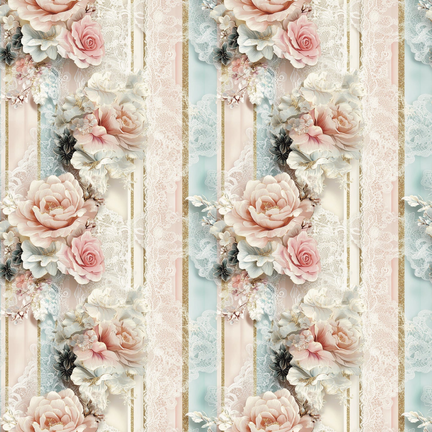 blush pink, sage green, cream, gold accents, floral stripes, roses, peonies, vintage flowers, lace texture, romantic style, shabby chic, quilting cotton, fabric panel, soft pastels, delicate blooms, feminine design, botanical pattern, layered florals, repeating motif, cottage style