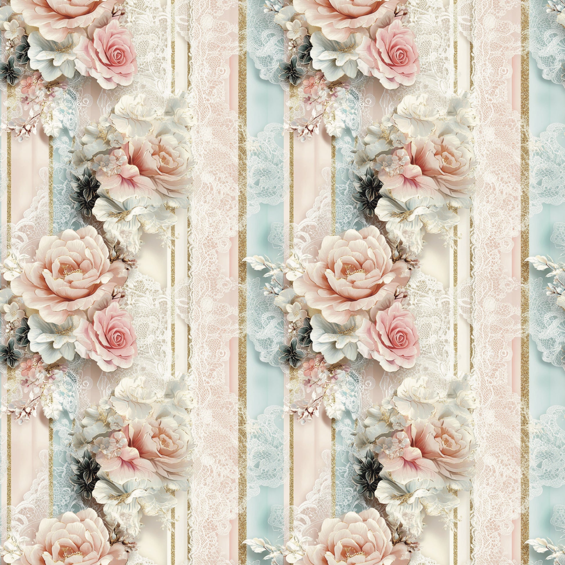 blush pink, sage green, cream, gold accents, floral stripes, roses, peonies, vintage flowers, lace texture, romantic style, shabby chic, quilting cotton, fabric panel, soft pastels, delicate blooms, feminine design, botanical pattern, layered florals, repeating motif, cottage style