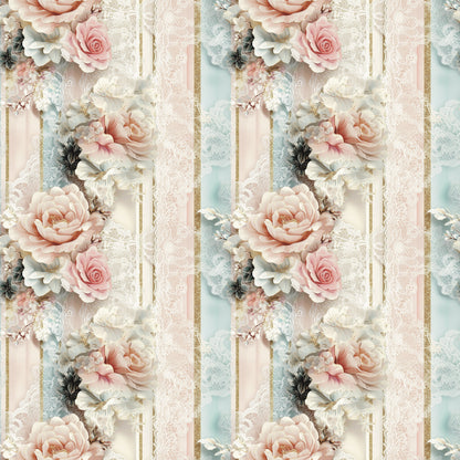 blush pink, sage green, cream, gold accents, floral stripes, roses, peonies, vintage flowers, lace texture, romantic style, shabby chic, quilting cotton, fabric panel, soft pastels, delicate blooms, feminine design, botanical pattern, layered florals, repeating motif, cottage style
