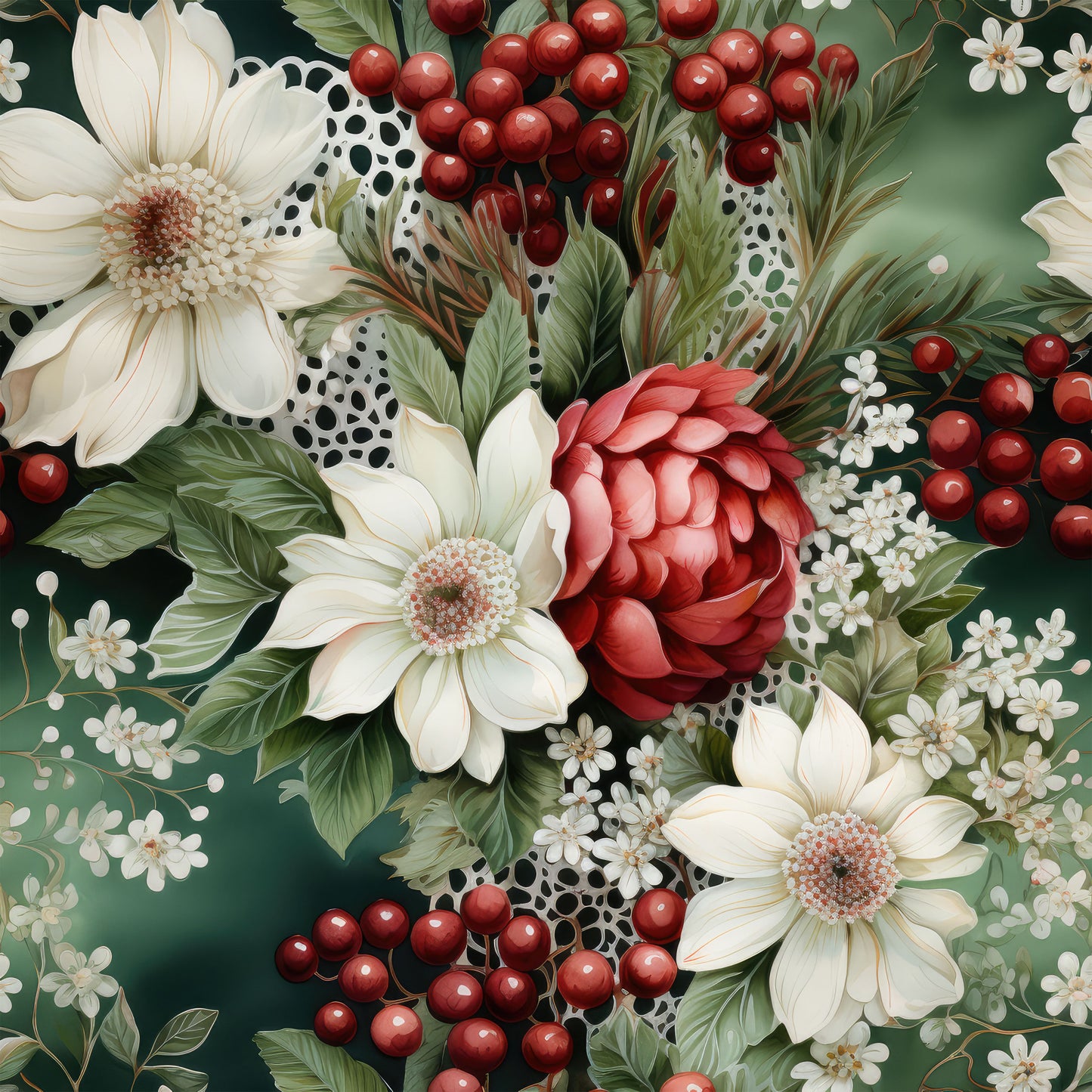christmas florals, holiday flowers, red berries, cream flowers, white blooms, coral peony, evergreen foliage, pine needles, festive botanicals, winter arrangement, polka dot accents, quilting cotton, fabric panel, holiday crafting, christmas sewing, floral pattern, botanical design, seasonal motifs, deep green background, holiday colors