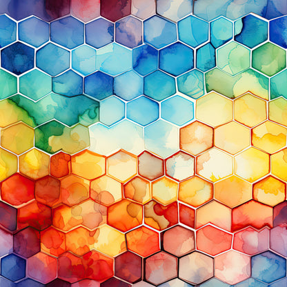 watercolor, honeycomb pattern, hexagonal shapes, geometric design, rainbow gradient, blue tones, green hues, yellow shades, orange colors, red accents, purple tints, ombre effect, abstract art, modern style, quilting cotton, fabric panel, vibrant colors, flowing watercolors, artistic pattern, contemporary design