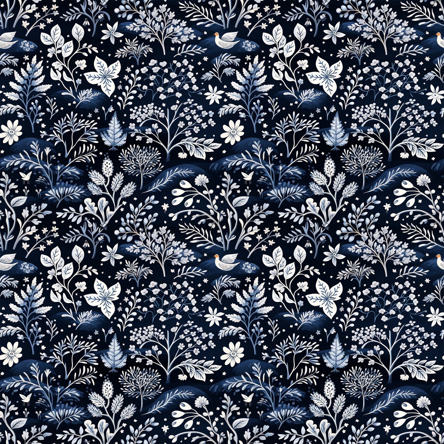 navy blue, delft blue, white, cream, floral pattern, botanical motifs, birds, leaves, branches, flowers, folk art style, intricate design, winter theme, quilting cotton, fabric panel, seamless repeat, decorative elements, nature inspired, monochromatic palette, crafting fabric