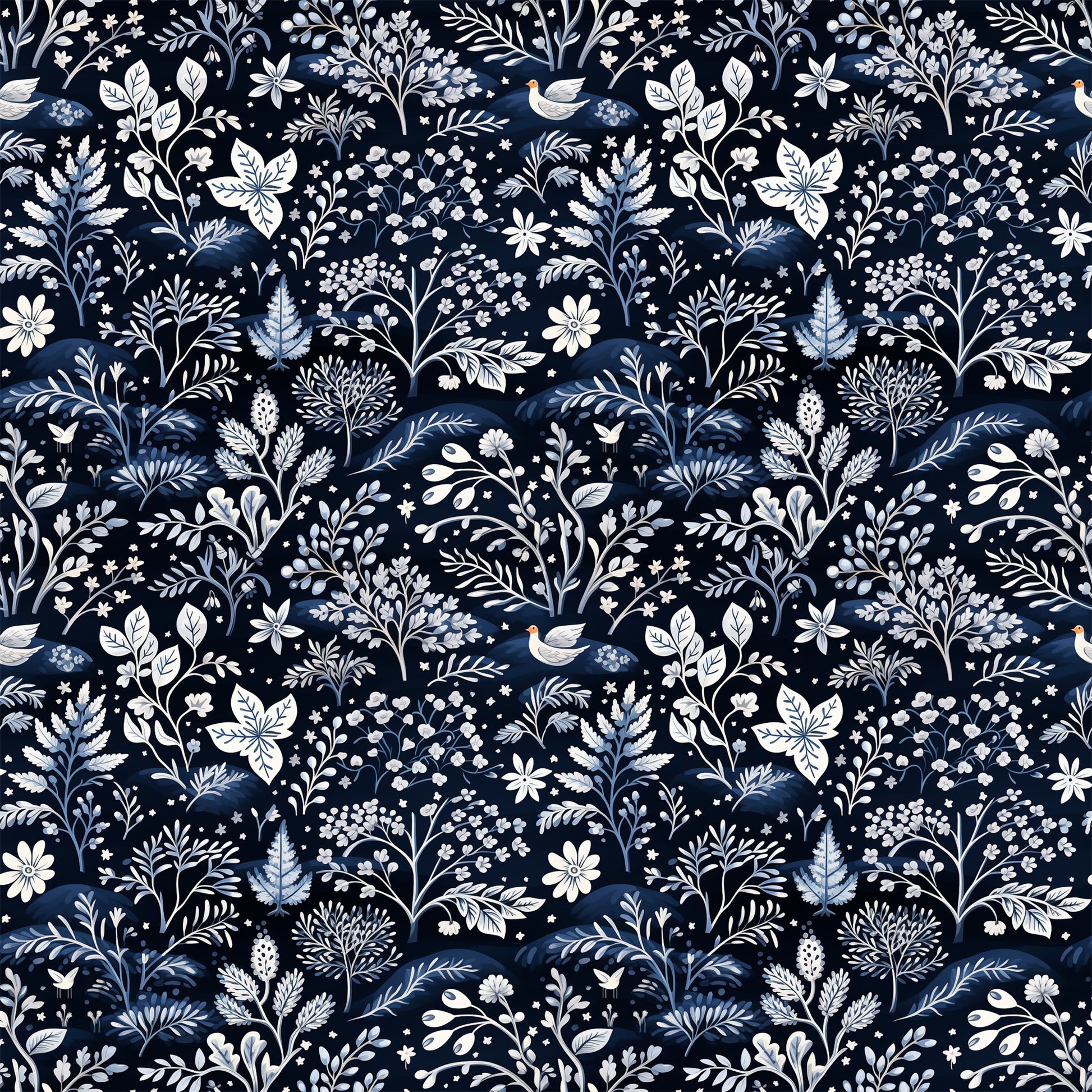 navy blue, delft blue, white, cream, floral pattern, botanical motifs, birds, leaves, branches, flowers, folk art style, intricate design, winter theme, quilting cotton, fabric panel, seamless repeat, decorative elements, nature inspired, monochromatic palette, crafting fabric