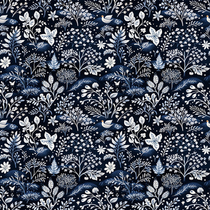 navy blue, delft blue, white, cream, floral pattern, botanical motifs, birds, leaves, branches, flowers, folk art style, intricate design, winter theme, quilting cotton, fabric panel, seamless repeat, decorative elements, nature inspired, monochromatic palette, crafting fabric