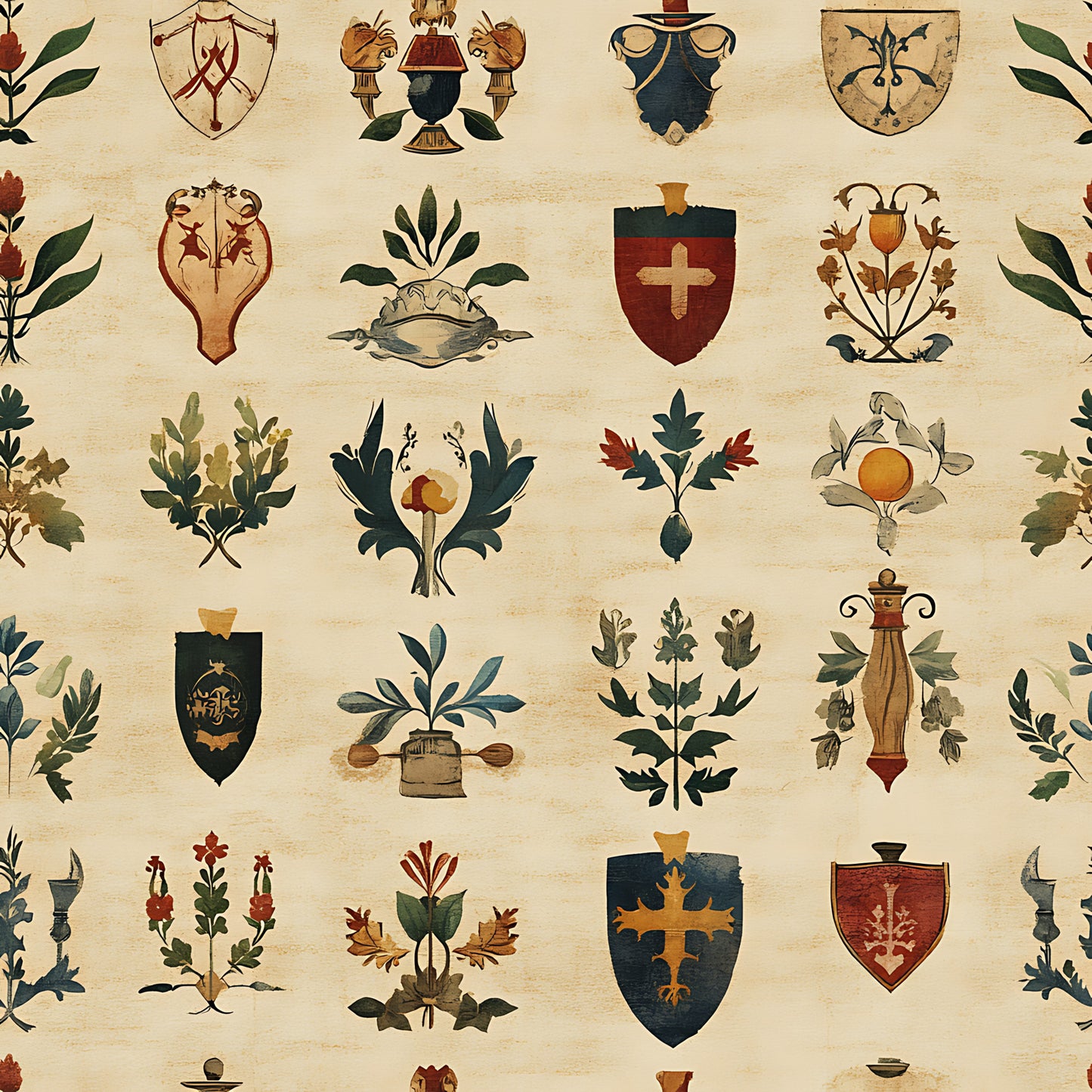 rustic heraldic shields, medieval banners, botanical motifs, oak leaves, acorns, crosses, cream background, forest green, burgundy red, golden brown, coat of arms, european style, vintage inspired, quilting cotton, fabric panel, autumn colors, decorative crests, nature elements, antique finish, muted tones