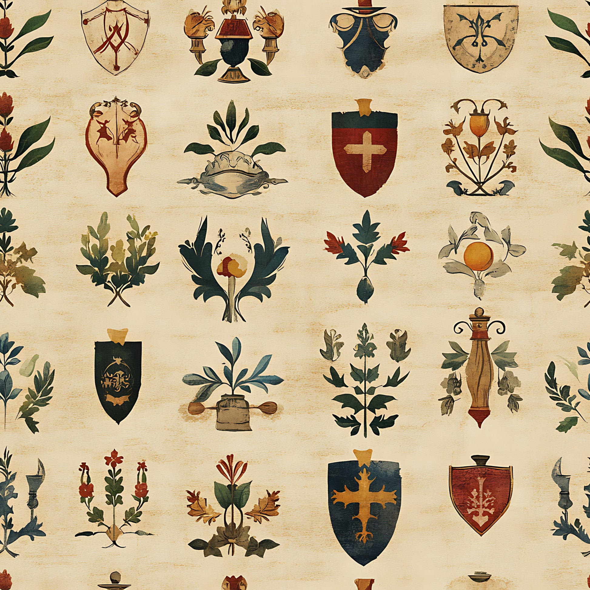rustic heraldic shields, medieval banners, botanical motifs, oak leaves, acorns, crosses, cream background, forest green, burgundy red, golden brown, coat of arms, european style, vintage inspired, quilting cotton, fabric panel, autumn colors, decorative crests, nature elements, antique finish, muted tones