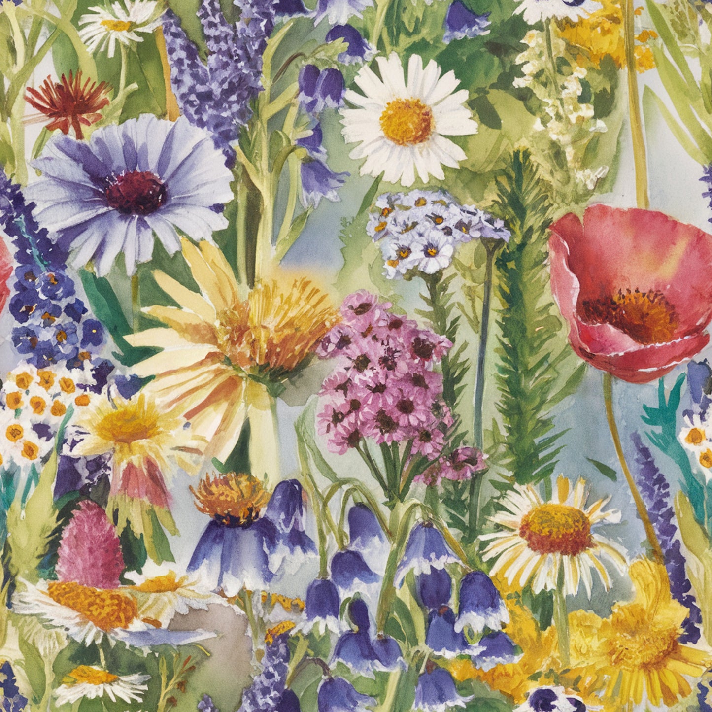 wildflowers, watercolor style, botanical illustration, purple lupines, white daisies, red poppies, yellow blooms, pink flowers, lavender, cornflowers, meadow flowers, spring garden, nature pattern, floral motifs, quilting cotton, fabric panel, artistic rendering, garden theme, mixed florals, soft pastels