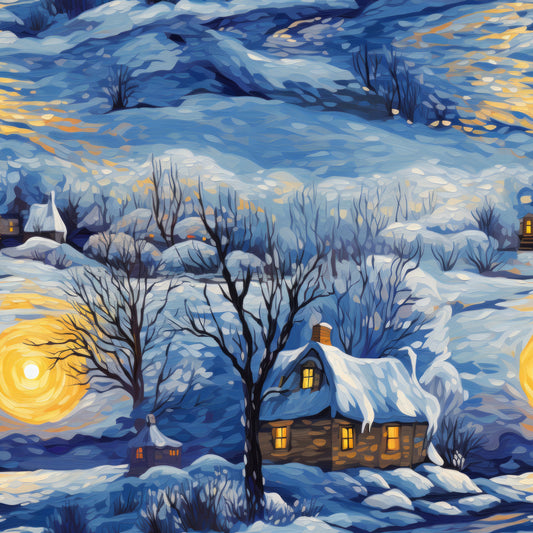 winter landscape, snow-covered cottage, swirling sky, bare trees, golden sun, blue tones, orange accents, white snow, quilting cotton, fabric panel, cozy cabin, glowing windows, van gogh style, impressionistic brushstrokes, peaceful scene, dawn light, snowy village, artistic swirls, winter morning, textile art