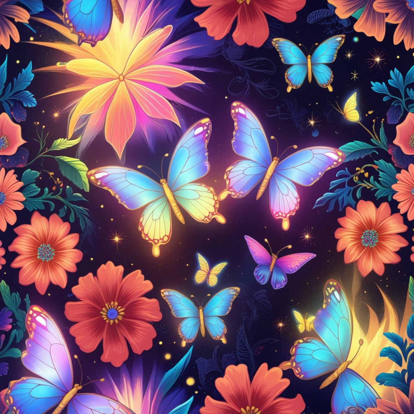 fantasy butterflies, quilting cotton, fabric panel, vibrant colors, blue butterflies, coral flowers, purple background, tropical blooms, magical atmosphere, floral pattern, nature motifs, bright orange, turquoise wings, glowing effects, whimsical design, butterfly wings, exotic flowers, luminous details, enchanted garden, colorful petals