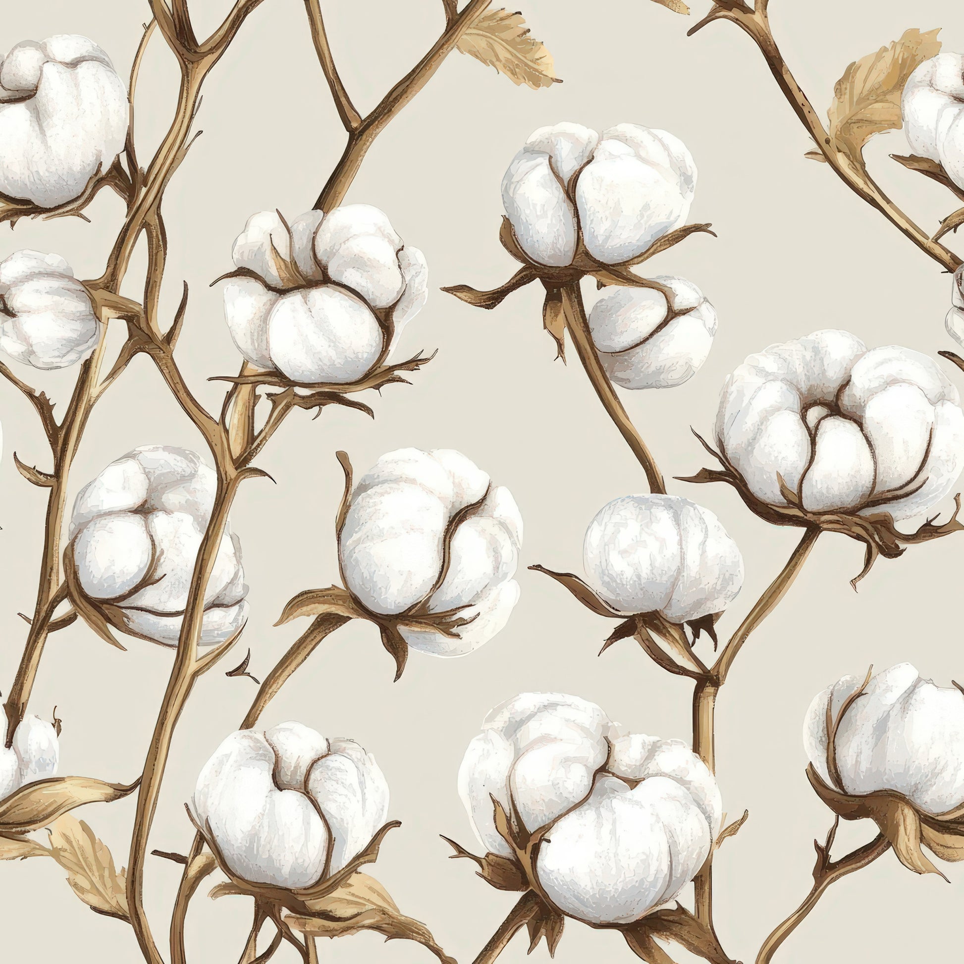 beige background, white cotton bolls, brown stems, botanical pattern, cotton plants, natural fibers, quilting cotton, fabric panel, cream colored, tan branches, floral motif, organic design, plant illustration, textile print, neutral tones, farmhouse style, agriculture theme, cotton harvest, vintage botanical, seamless pattern