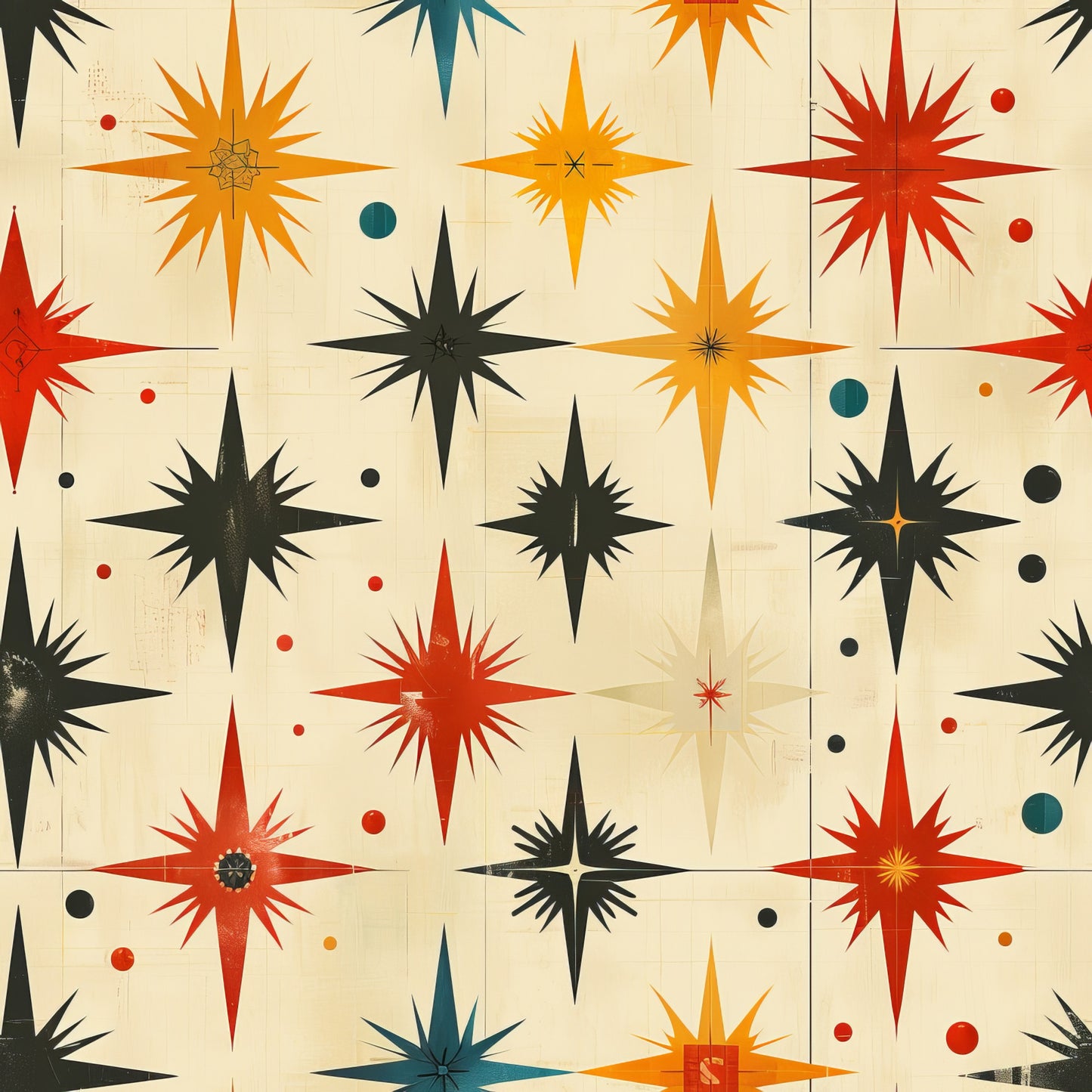 retro starburst, mid-century modern, atomic age, orange, red, teal, black, cream, beige, geometric stars, sunburst pattern, radiating points, vintage style, scattered dots, quilting cotton, fabric panel, 1950s inspired, space age design, angular shapes, multi-colored starbursts