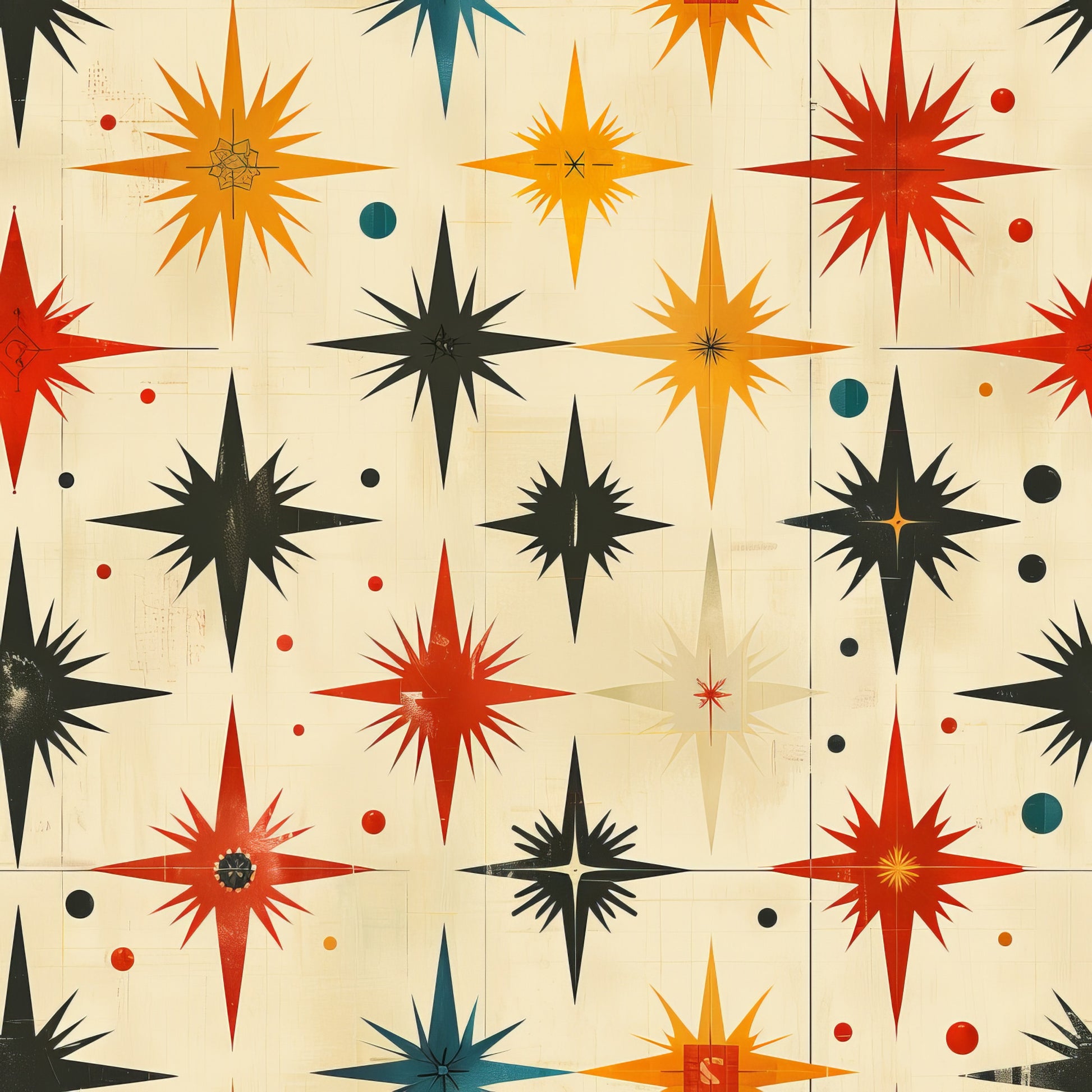 retro starburst, mid-century modern, atomic age, orange, red, teal, black, cream, beige, geometric stars, sunburst pattern, radiating points, vintage style, scattered dots, quilting cotton, fabric panel, 1950s inspired, space age design, angular shapes, multi-colored starbursts
