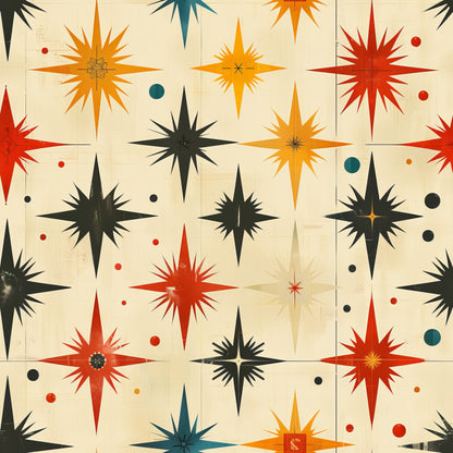 retro starburst, mid-century modern, atomic age, orange, red, teal, black, cream, beige, geometric stars, sunburst pattern, radiating points, vintage style, scattered dots, quilting cotton, fabric panel, 1950s inspired, space age design, angular shapes, multi-colored starbursts