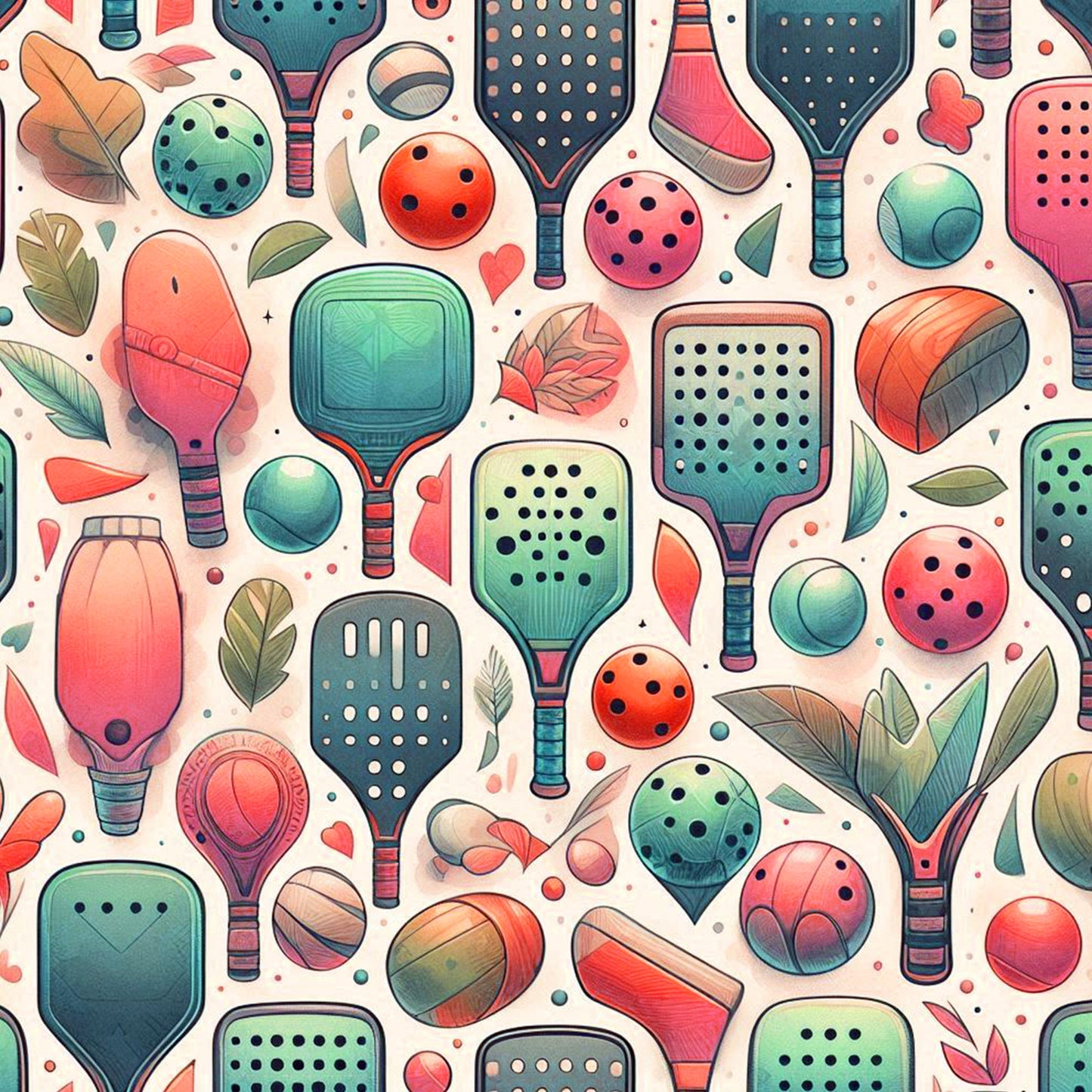 watercolor style, pickleball paddles, sport equipment, coral pink, teal green, sage green, peach orange, cream background, balls with holes, autumn leaves, botanical elements, whimsical pattern, quilting cotton, fabric panel, recreational sports, scattered design, soft pastels, playful motif, geometric shapes, nature accents