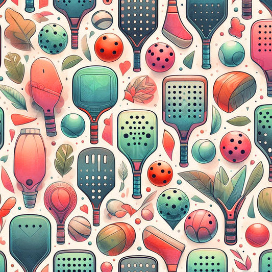 watercolor style, pickleball paddles, sport equipment, coral pink, teal green, sage green, peach orange, cream background, balls with holes, autumn leaves, botanical elements, whimsical pattern, quilting cotton, fabric panel, recreational sports, scattered design, soft pastels, playful motif, geometric shapes, nature accents