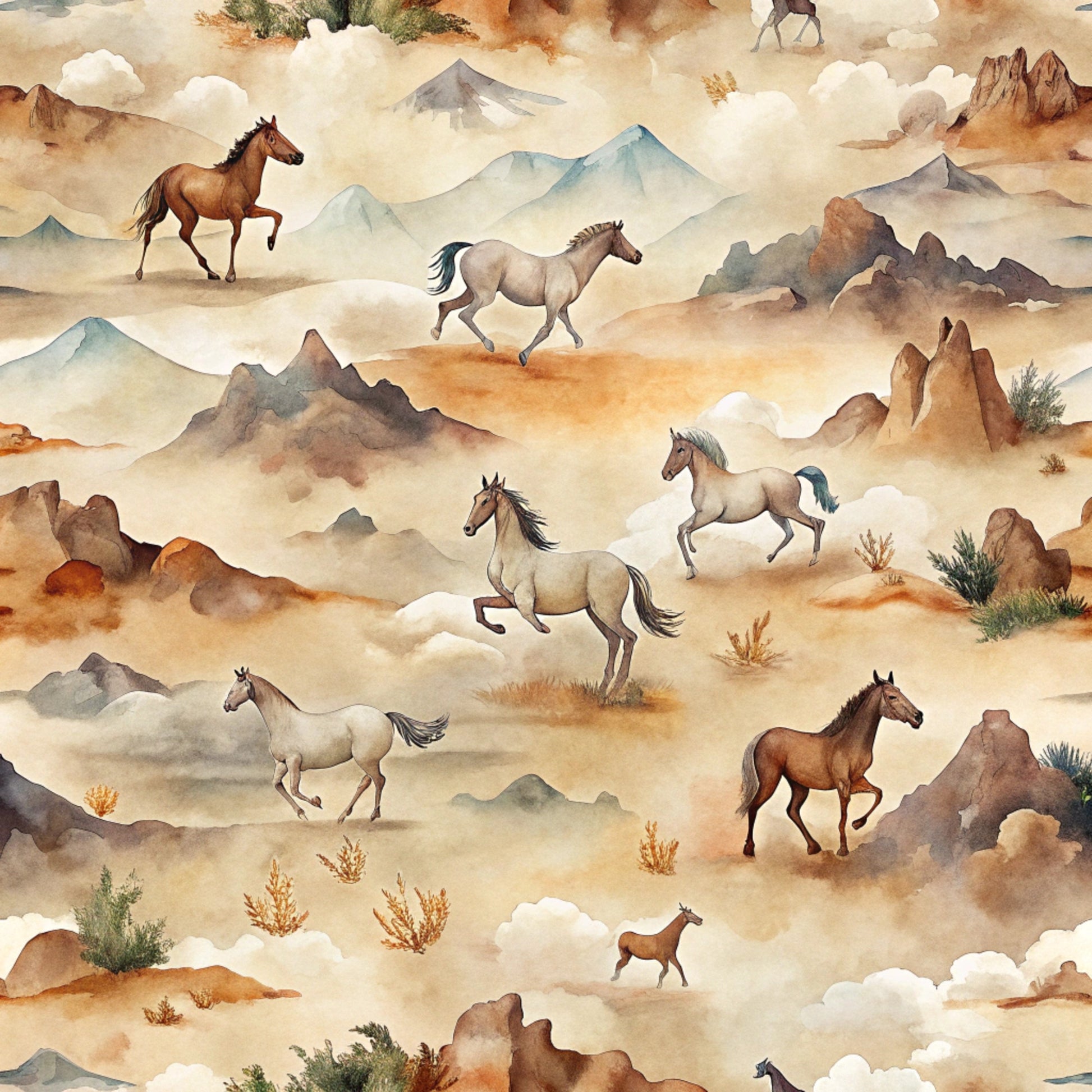 wild horses, galloping horses, desert landscape, southwestern scene, watercolor style, earth tones, beige background, brown horses, white horses, mountain silhouettes, rock formations, desert plants, clouds, warm palette, rustic atmosphere, western theme, quilting cotton, fabric panel, seamless pattern, nature scene